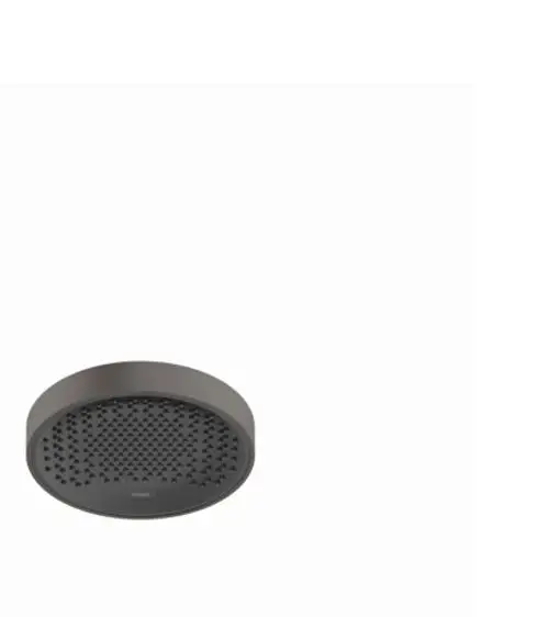 Kreisrunde Kopfbrause in brushed black chrome von Hansgrohe, mit durchbrochener Oberfläche für Wasserverteilung. Montagevorrichtung nicht sichtbar.